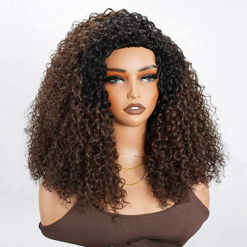 QVR Glueless Dark Brown Twist Curly Half Wig with Black Roots 250% Density Human Hair Wig #T1B/4 Wear Go Flip Over Wig
