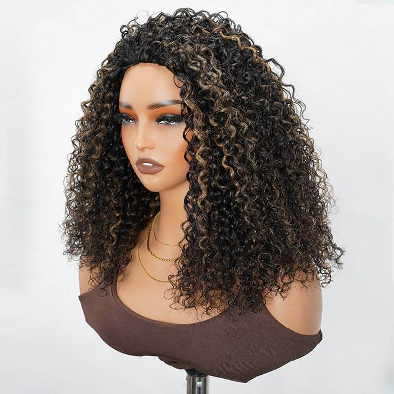 QVR Glueless Blonde Highlight Twist Curly Half Wig 250% Density Human Hair Wig #1B/27 Wear Go Flip Over Wig