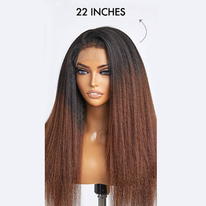QVR Glueless Curly Edges Kinky Straight 5x5 Lace Closure Human Hair Wigs Black To Brown Ombre Long Wigs