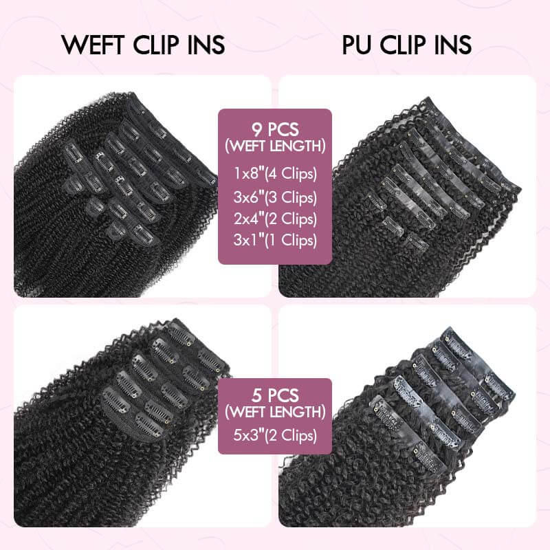 QVR Invisible 9PCS Weft Clip In Hair Extensions 5PCS Volumizer Afro Kinky Curly PU Clip In Human Hair
