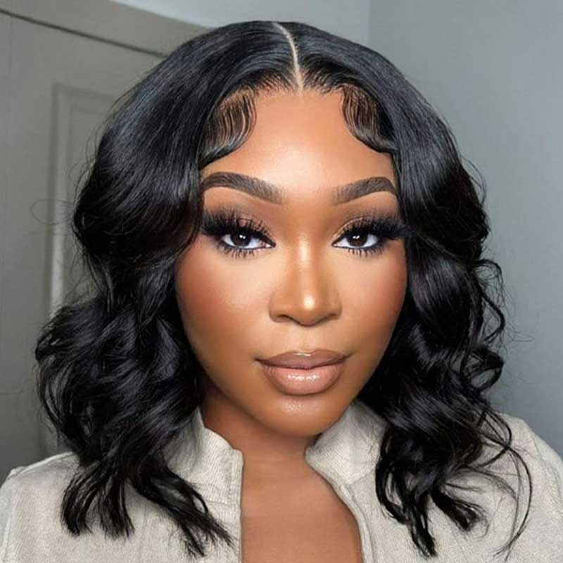 QVR Glueless Pre-cut 4x6 HD Lace Closure Human Hair Short Bob Wigs Body Wave Wear and Go Wigs