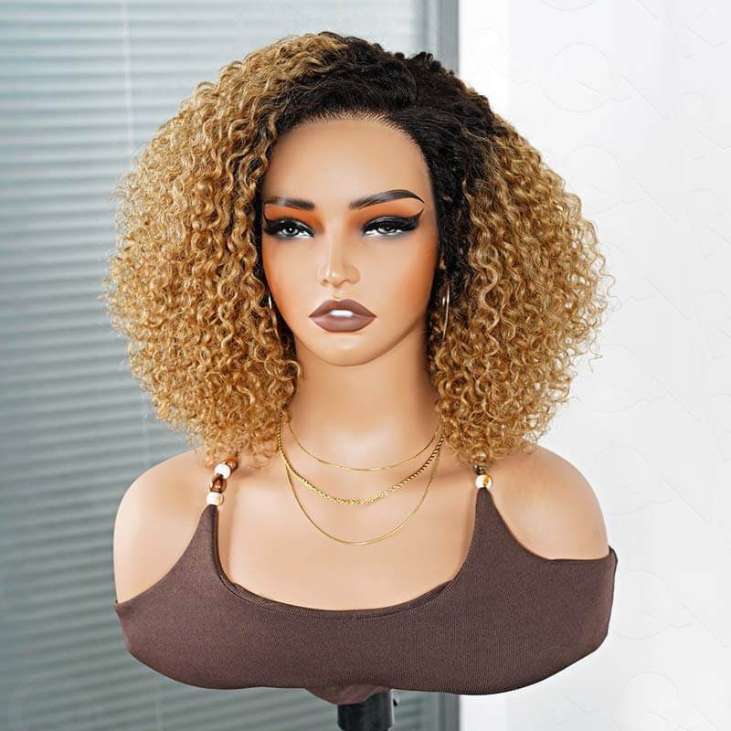 QVR Ombre Ash Blonde Short Cut Curly Wig Glueless Side Part Wig Beginner Friendly