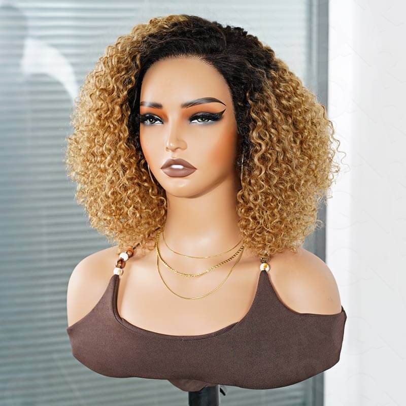 QVR Short Cut Curly Human Hair Minimalist Lace Glueless Side Part Wig
