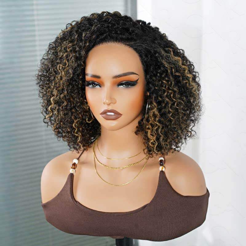 QVR Short Cut Curly Human Hair Minimalist Lace Glueless Side Part Wig