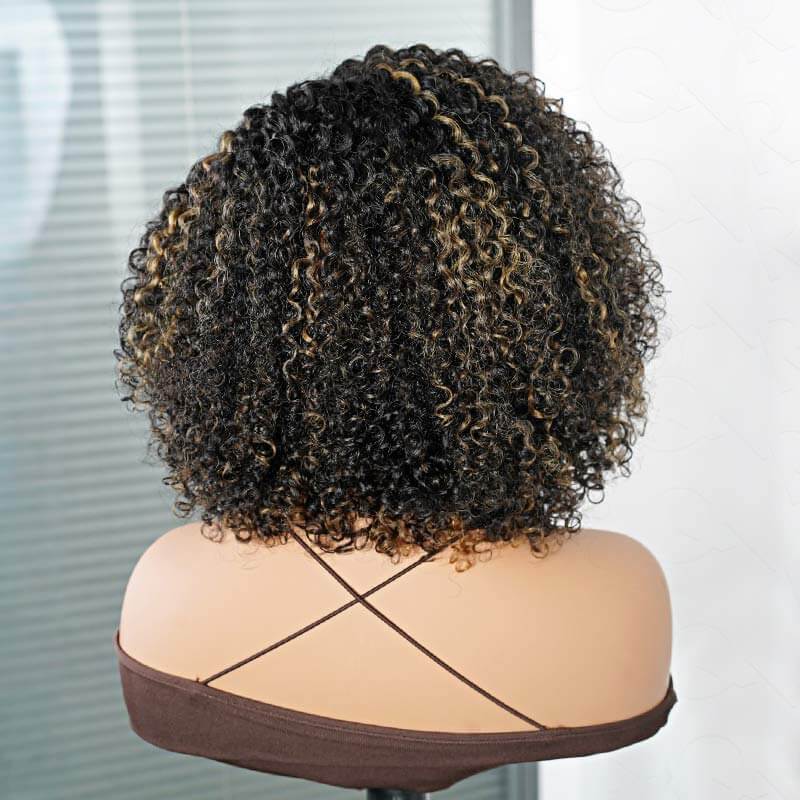 QVR Honey Blonde Highlight Short Cut Curly Wig Glueless Side Part Wig Beginner Friendly