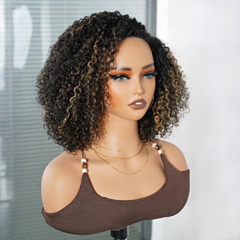 QVR Honey Blonde Highlight Short Cut Curly Wig Glueless Side Part Wig Beginner Friendly