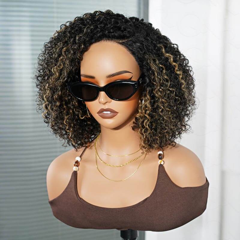 QVR Honey Blonde Highlight Short Cut Curly Wig Glueless Side Part Wig Beginner Friendly