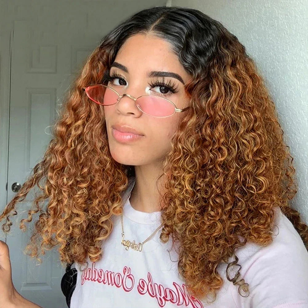 QVR Ombre 1B/30 Curly Brazilian Human Hair Wigs 13x4/4x4 Lace Frontal Short Bob Wig