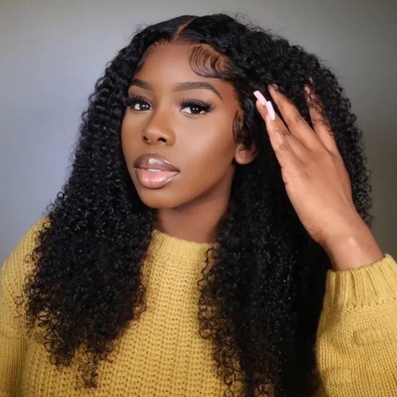 QVR Glueless Pre-cut 13x4 HD Lace Frontal Human Hair Wigs Kinky Curly Wear and Go Wigs
