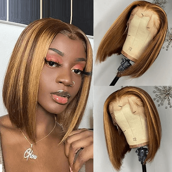 QVR Piano Highlights Color 13x4 4x4 Lace Closure Short Bob Wigs Honey Blonde Straight Human Hair Wig