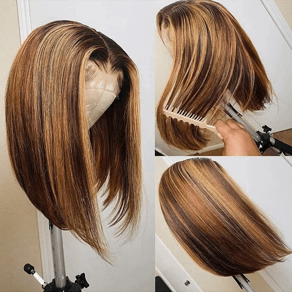 QVR Piano Highlights Color 13x4 4x4 Lace Closure Short Bob Wigs Honey Blonde Straight Human Hair Wig
