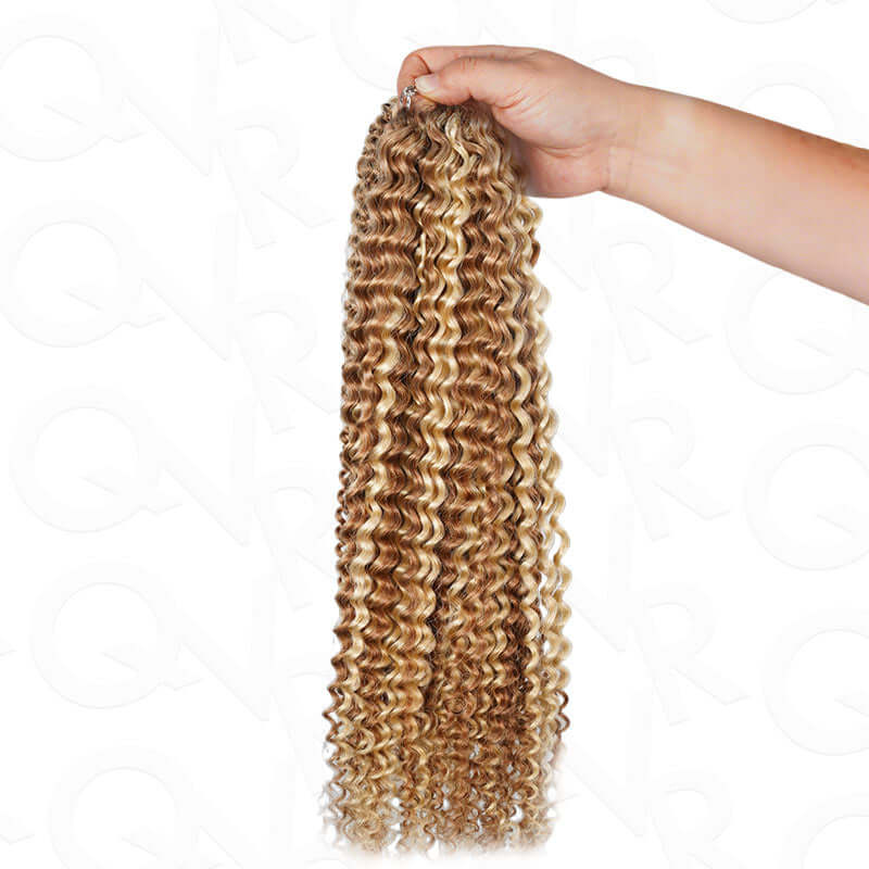 QVR Seamless Small Kinky Curly Feather Crochet Hair Highlight #P6/24 Machine Made Human Hair Extensions