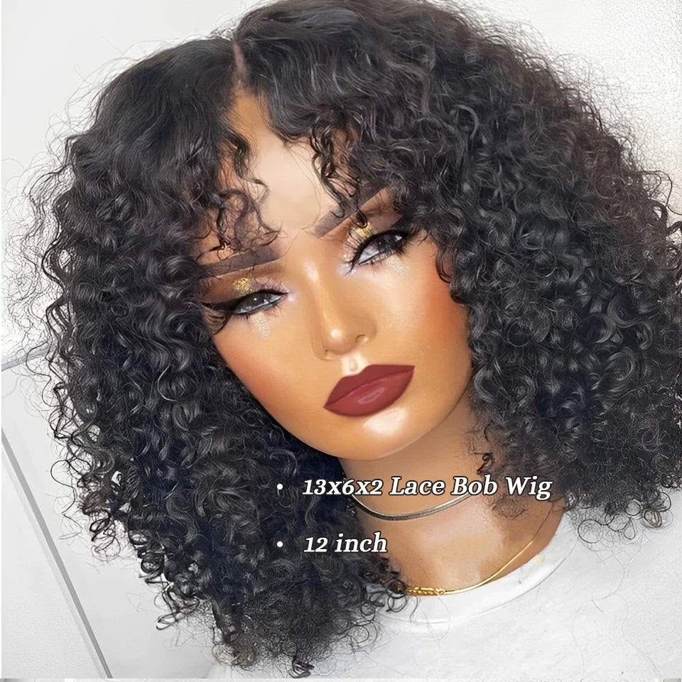 QVR Deep Curly Short Bob Wigs T lace 4x4 Lace Closure Human Hair Wigs