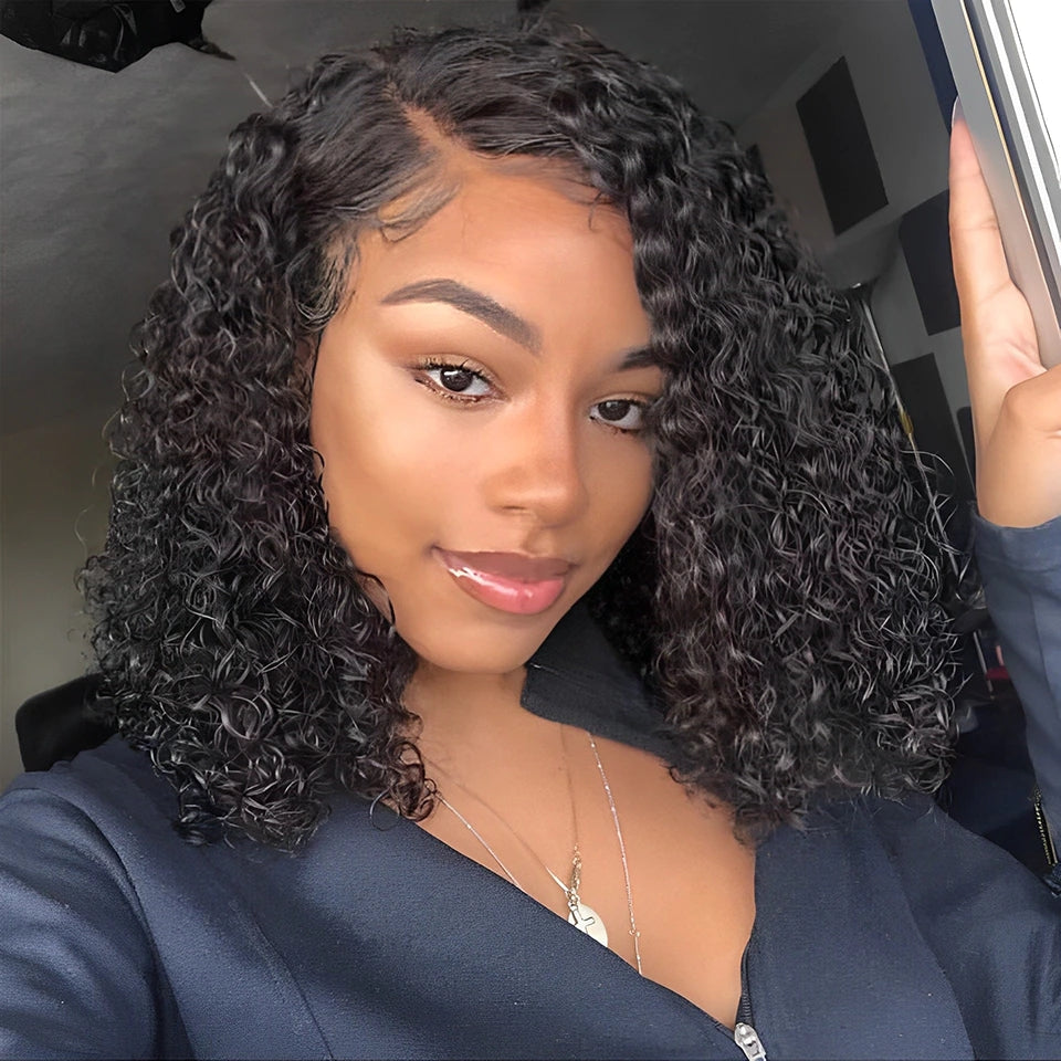 QVR Deep Curly Short Bob Wigs T lace 4x4 Lace Closure Human Hair Wigs