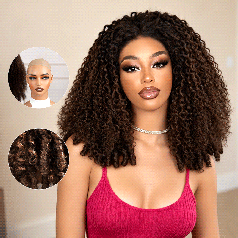 QVR Glueless Burmese Curly #T1B/4 Dark Brown 5X5 Pre-cut Lace Closure Wig with Black Roots Human Hair Wigs