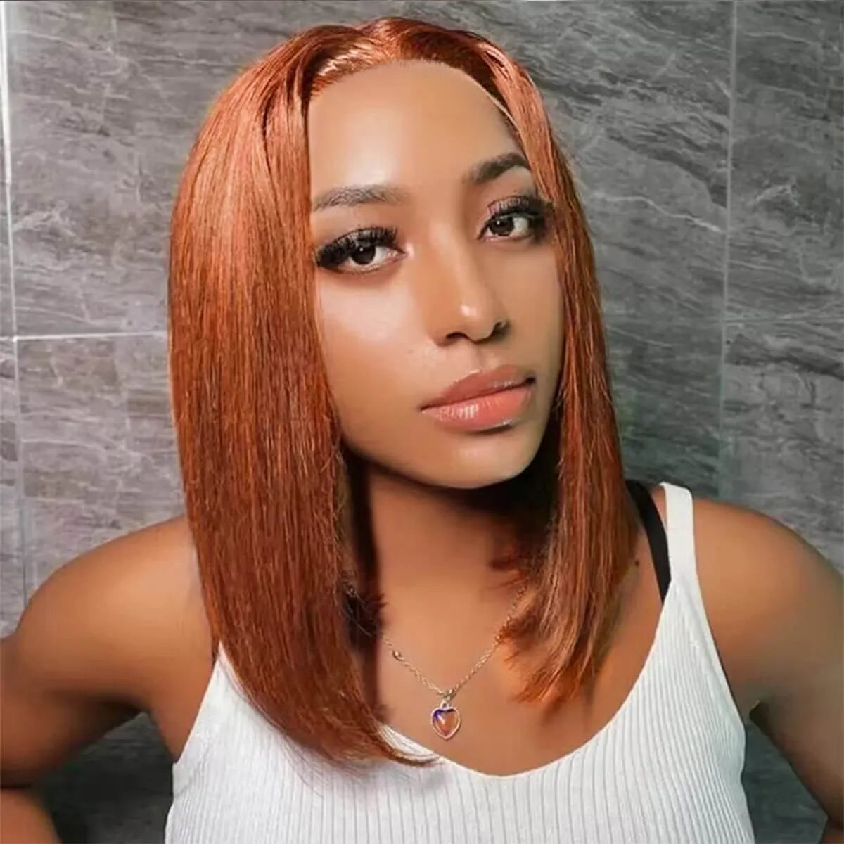 QVR Dirty Oranage Color Short Bob Wigs 5x5 Pre-cut Lace Straight Human Hair Wigs