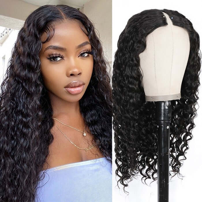 QVR Glueless Water Wave V Part Wigs 180% Density Super Natural Human Hair Glueless 0 Skill Needed Wig