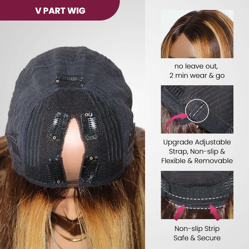 QVR Glueless Ombre Reddish Brown Color Glueless V Part Body Wave Wigs 1B/33 Human Hair Wigs WIth Dark Roots