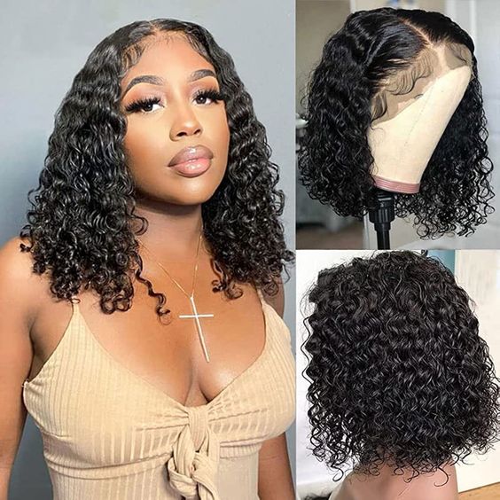 QVR Glueless Pre-cut 4x6 HD Lace Closure Human Hair Short Bob Wigs Water Wave Wear and Go Wigs