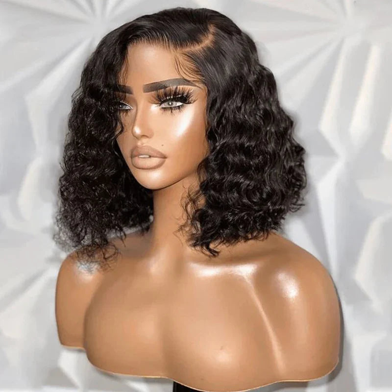 QVR Glueless Pre-cut 4x6 HD Lace Closure Human Hair Short Bob Wigs Water Wave Wear and Go Wigs