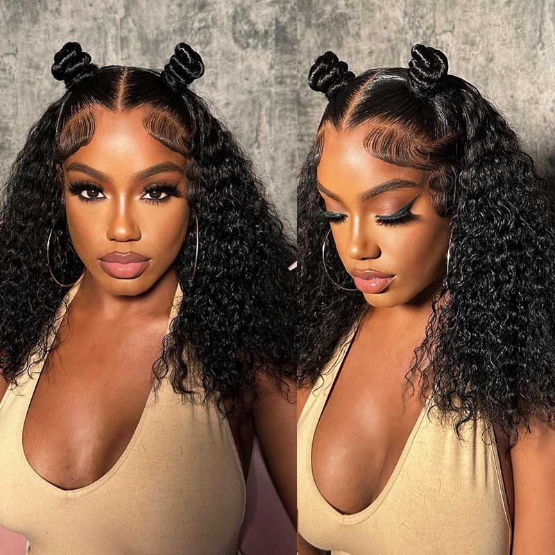 QVR Glueless Pre-cut 4x6 HD Lace Closure Human Hair Short Bob Wigs Water Wave Wear and Go Wigs