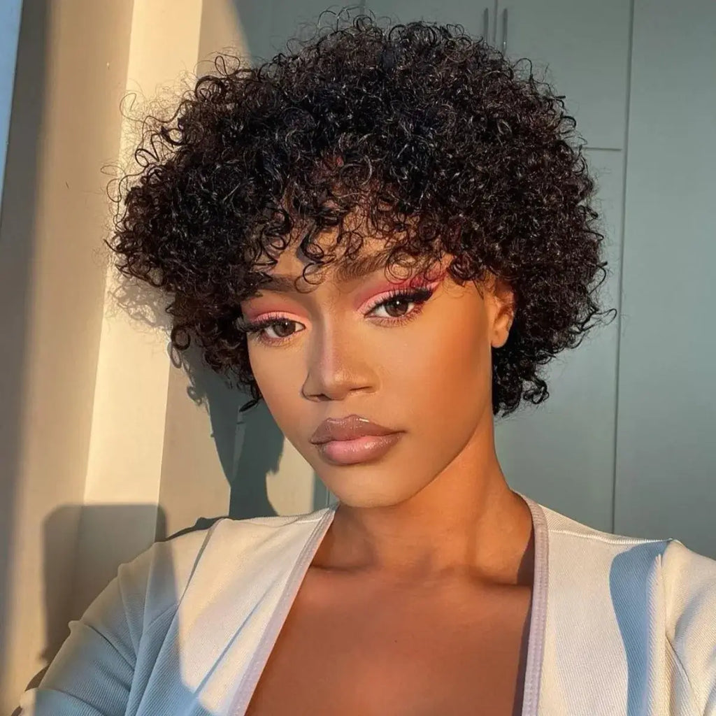 QVR Curly Short Pixie Cut Human Hair Wigs With Bangs