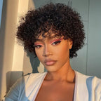QVR Curly Short Pixie Cut Human Hair Wigs With Bangs