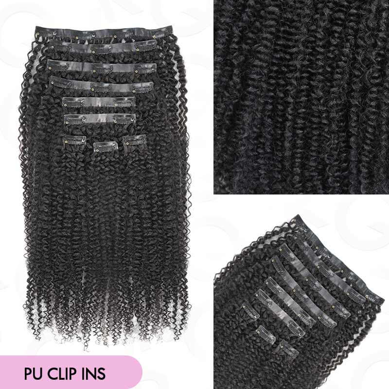 QVR Invisible 9PCS Weft Clip In Hair Extensions 5PCS Volumizer Afro Kinky Curly PU Clip In Human Hair