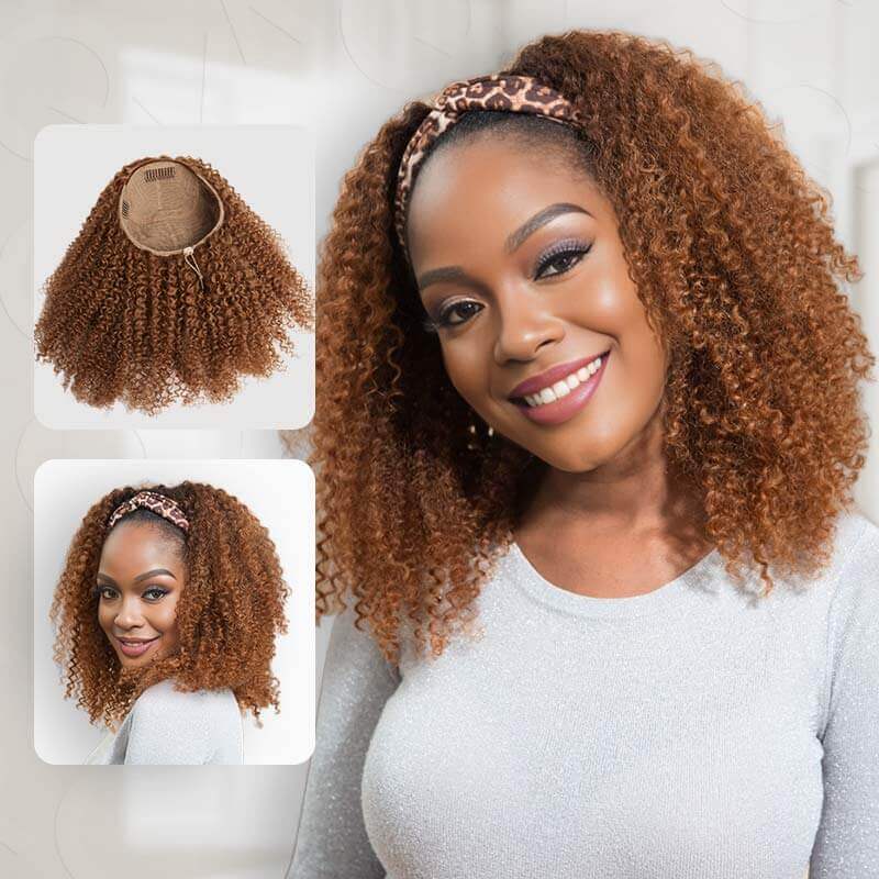 QVR Glueless Auburn Brown Kinky Curly Half Wig 250% Density Human Hair Wig Wear Go Flip Over Wig