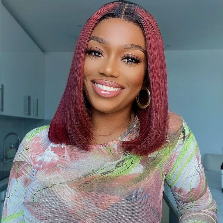 QVR 1B/99J Burgundy Color Hair Short Bob Wigs Straight Human Hair Wigs Short Lace Wigs With Dark Roots
