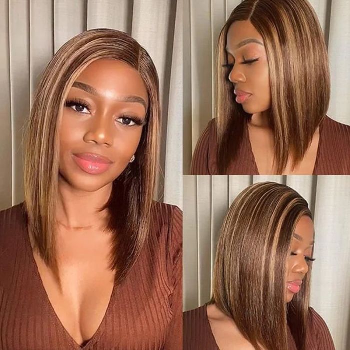 QVR Piano Highlights Color 13x4 4x4 Lace Closure Short Bob Wigs Honey Blonde Straight Human Hair Wig