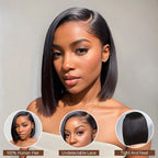 QVR Sliced Cut Straight Short Bob Wig Wide C Lace Natural Black Human Hair Wigs