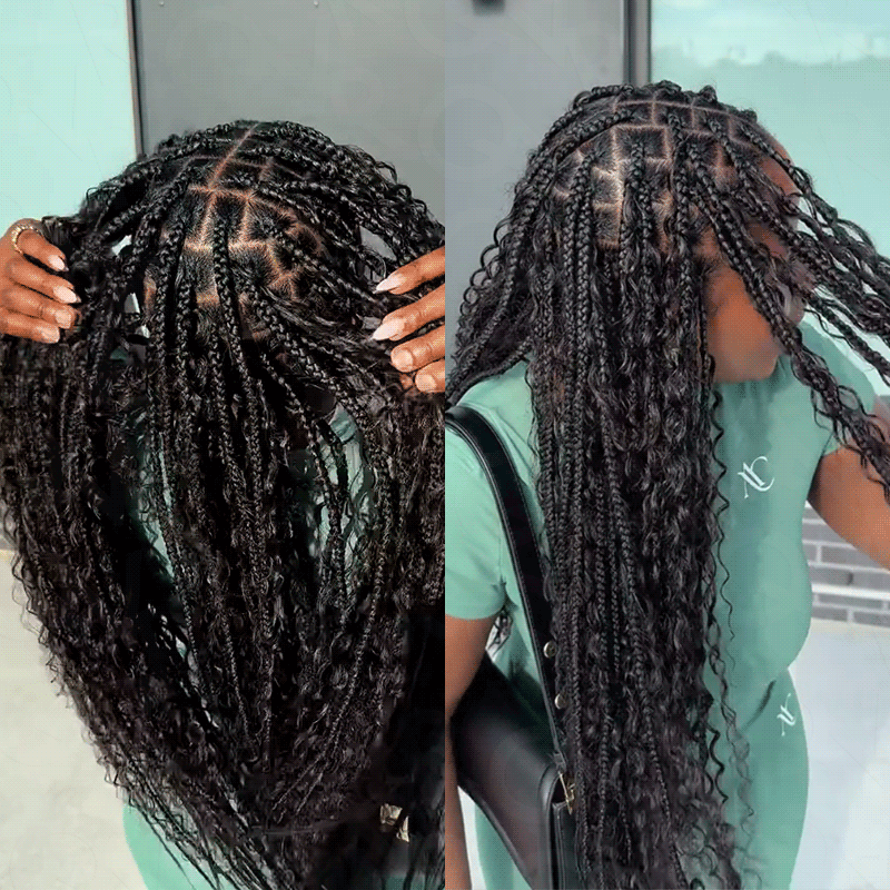 QVR Loose Deep Wave Boho Knotless Braids with Spring Curl Ends Natural Black Bulk Human Braiding Hair Extensions