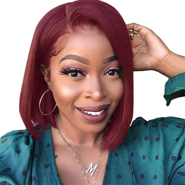 QVR 99J Burgundy Color T Lace Short Bob Wigs Straight Human Hair Wig 180% Lace Front Wigs
