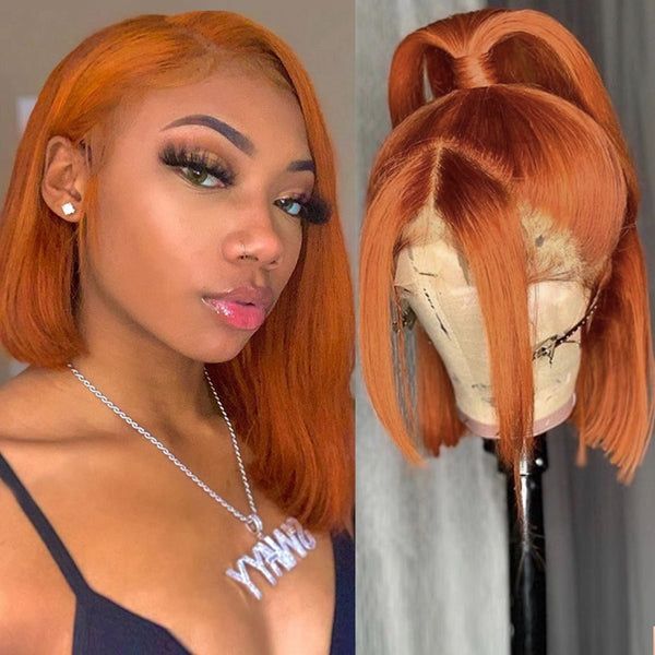QVR Ginger Short Bob Wigs 4x4 13x4 Straight Human Hair Wig 180% Lace Front Orange Wigs