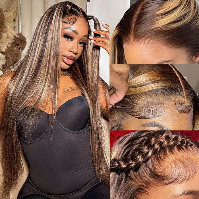 QVR Highlight V Part Wig Piano #4/27 Color Virgin Human Hair Soft Silky Straight Wigs