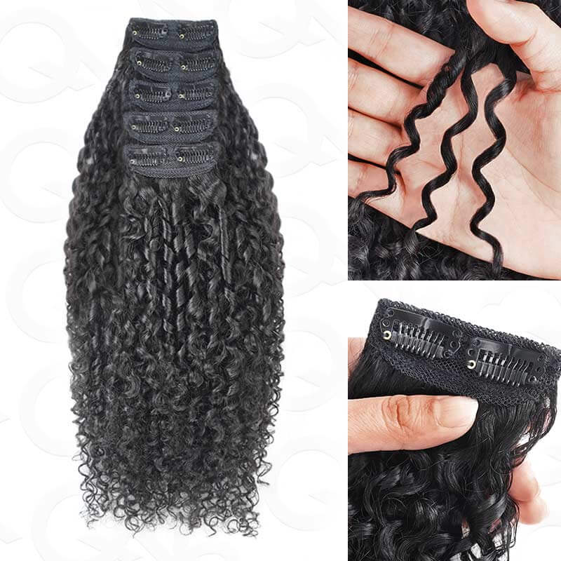 QVR Best 9PCS Weft Clip In Hair Extensions 5PCS Volumizer Ramen Curl Clip In Human Hair