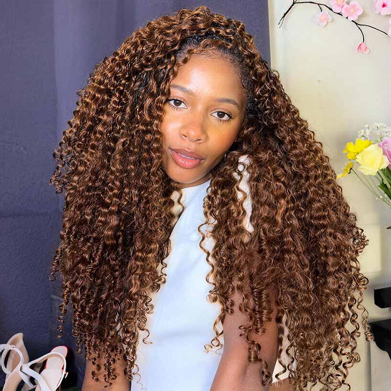 QVR Seamless Burmese Curly Feather Crochet Hair Highlight #P4/27 Machine Made Human Hair Extensions