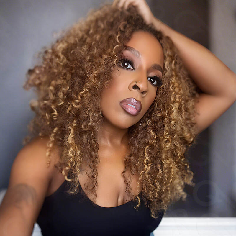 QVR Seamless Small Kinky Curly Feather Crochet Hair Highlight #P4/27 Machine Made Human Hair Extensions