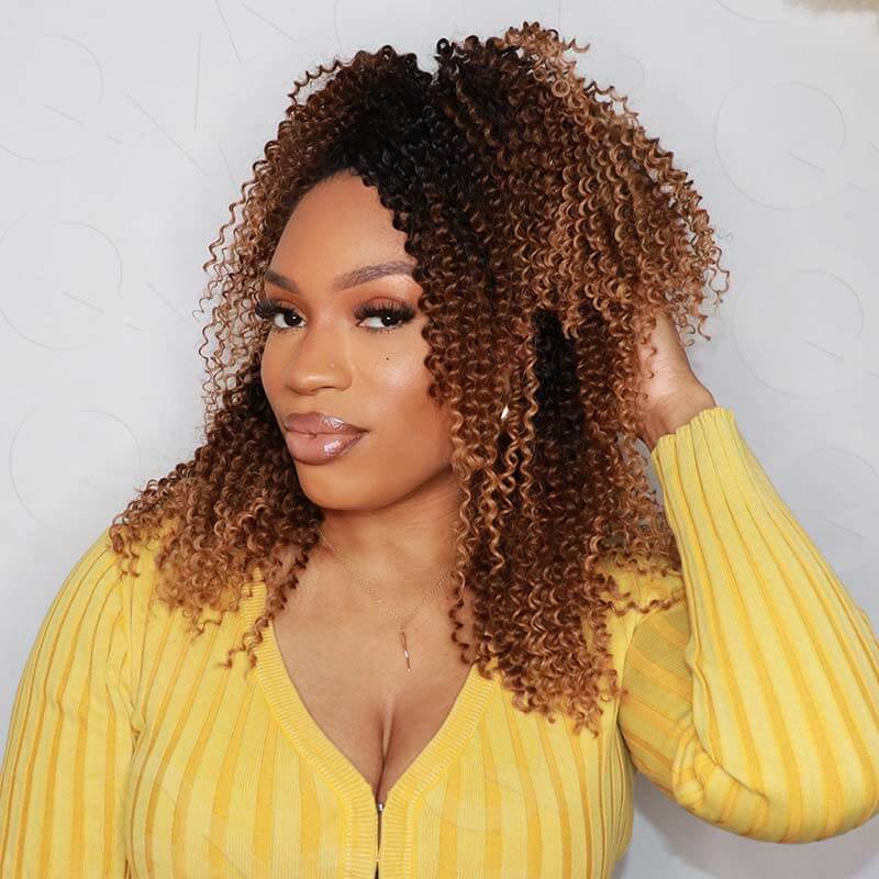 QVR Ombre #T1B/30/27 Small Kinky Curly Machine Made Feather Crochet Human Hair Extensions