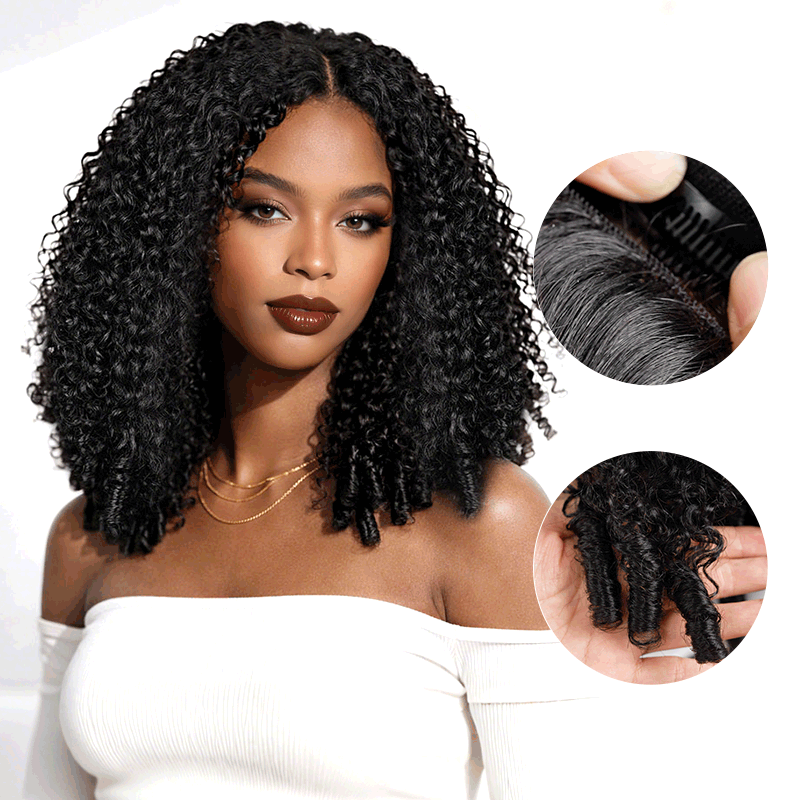 QVR Glueless Burmese Curly V Part Wigs Natural Black Invisible Lace Edge Human Hair Wig