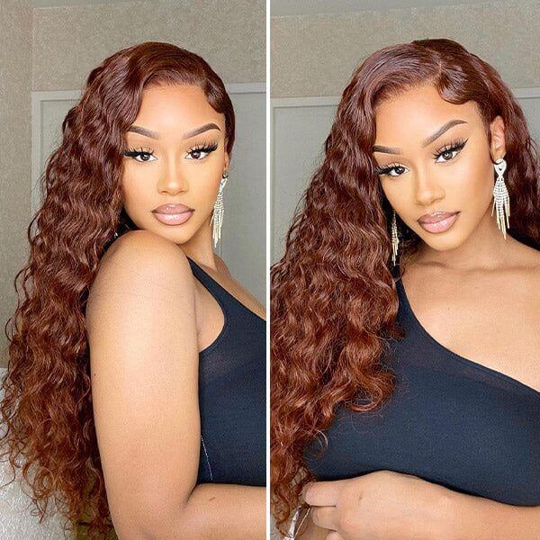QVR Glueless Reddish Brown 4x6 Pre-cut Lace Closure Water Wave Wigs Wear Go Human Hair Wigs
