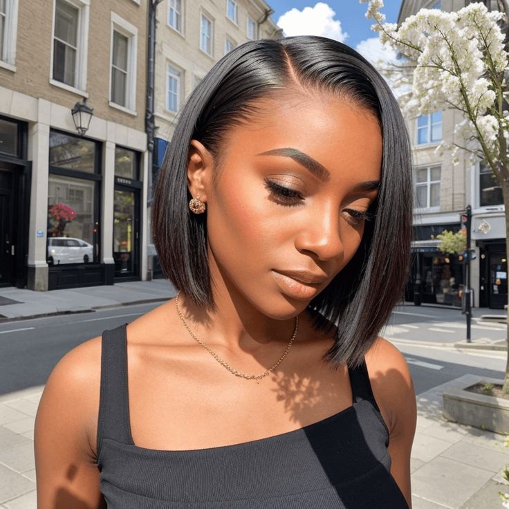 QVR Sliced Cut Straight Short Bob Wig Wide C Lace Natural Black Human Hair Wigs
