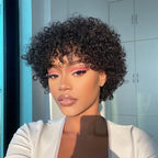 QVR Curly Short Pixie Cut Human Hair Wigs With Bangs