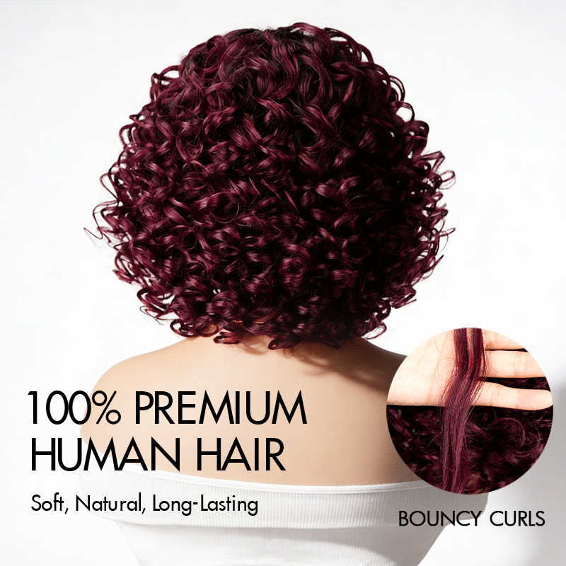QVR Glueless Big Curly V Part Wig Ombre #T1B/99J Human Hair Short Bob Wig