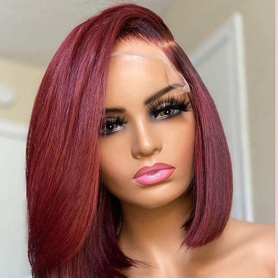 QVR 99J Burgundy Color Hair Short Bob Wigs Straight Human Hair Wigs Short Lace Wigs