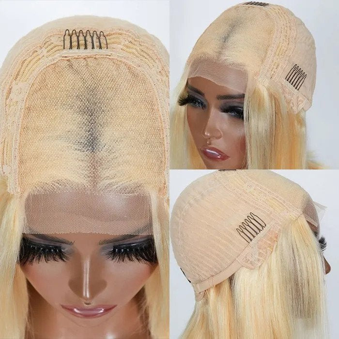 QVR 613 Blonde Short Bob Wigs T Lace 13x4 Straight Human Hair Lace Front Bob Wig