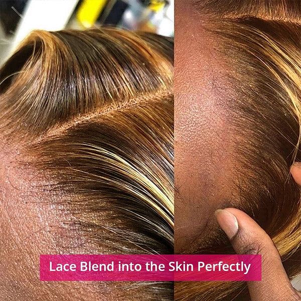 QVR Gluless Pre-cut 13x4 HD Lace Frontal Human Hair Wigs Straight Piano Highlight Brown Wear & Go Wigs