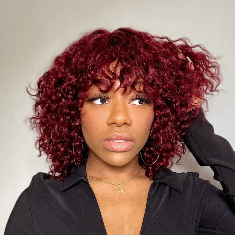 QVR Burgundy Water Wave Short Pixie Cut Wigs With Bangs Ombre Color Bob Wigs