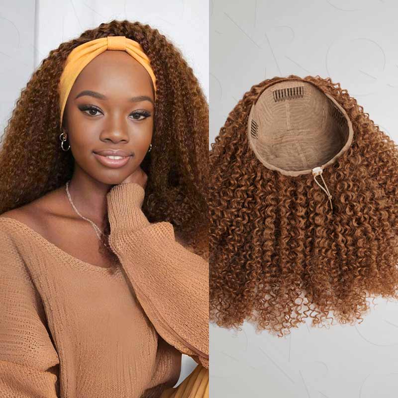 QVR Glueless Auburn Brown Kinky Curly Half Wig 250% Density Human Hair Wig Wear Go Flip Over Wig
